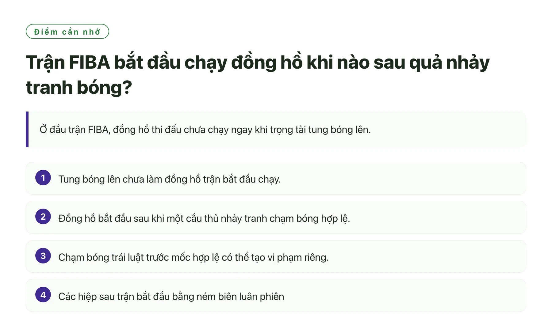 Trận FIBA bắt đầu chạy đồng hồ khi nào sau quả nhảy tranh bóng?——全文要点速览